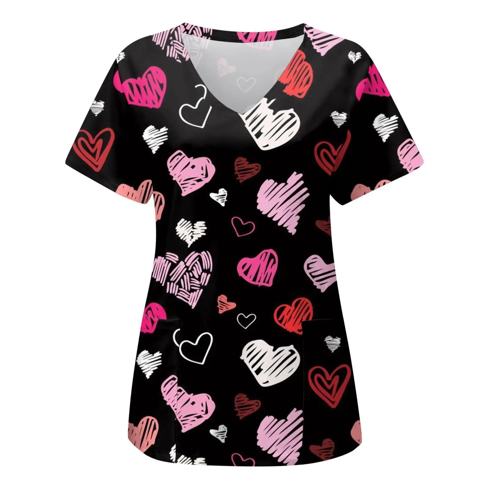 Ladies' casual versatile V-neck pullover, short sleeved nurse uniform, love themed 3D printed nurse duty work uniform