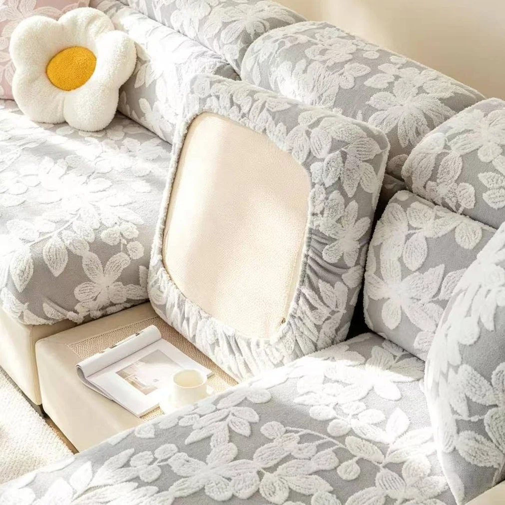 1pc Thicken Soft Stretchy Fleece Leaves Jacquard Sofa Cover, for Living Room Couch Seat Cover Elastic Slipcover Machine Washable