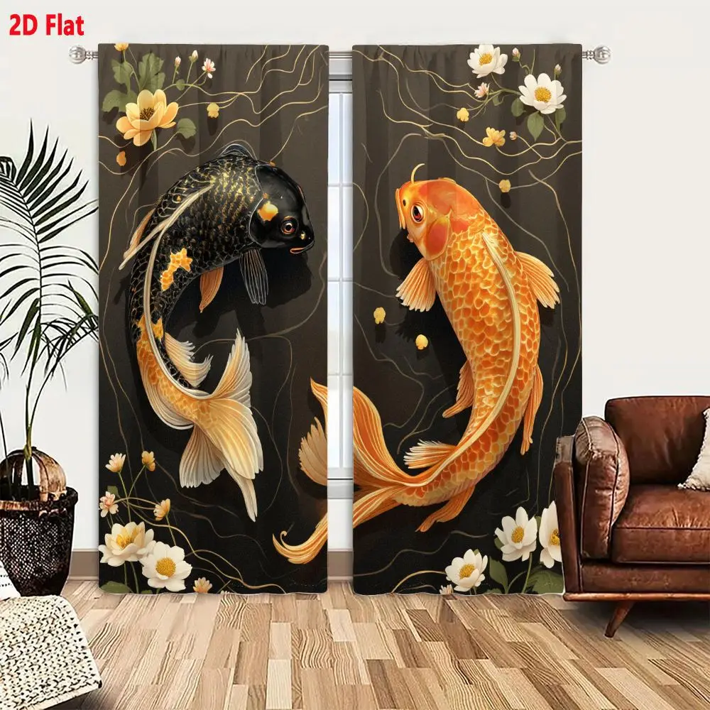 2Pcs Curtains 2D Flat Yin Yang Koi Fish With Floral Elements And Golden Ripples Window Drapes for Bedroom Room Decor Decoration
