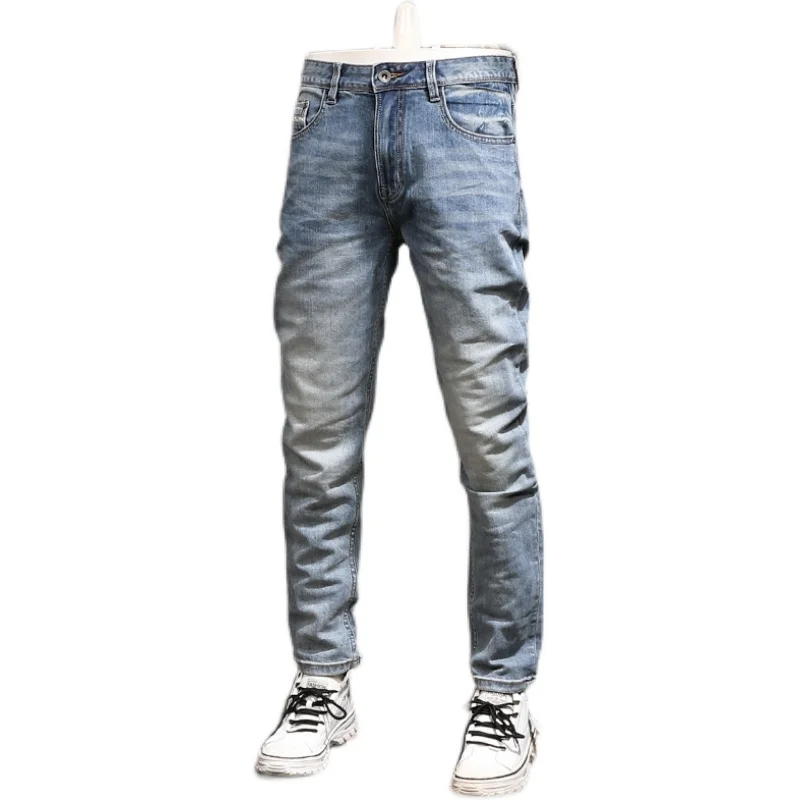 Estilo europeu moda jeans dos homens de alta qualidade retro azul elástico fino ajuste rasgado jeans do desenhador do vintage calças jeans hombre