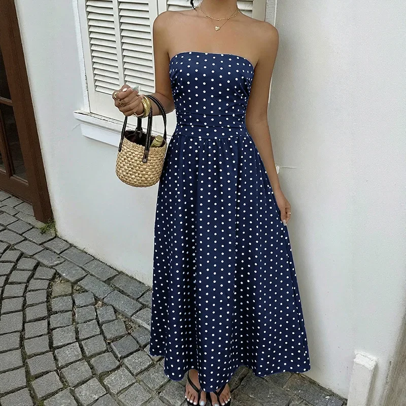 

2026 New Summer Date Party Elegant Retro Long Skirt Sleeveless Tube Top Polka Dot Dress