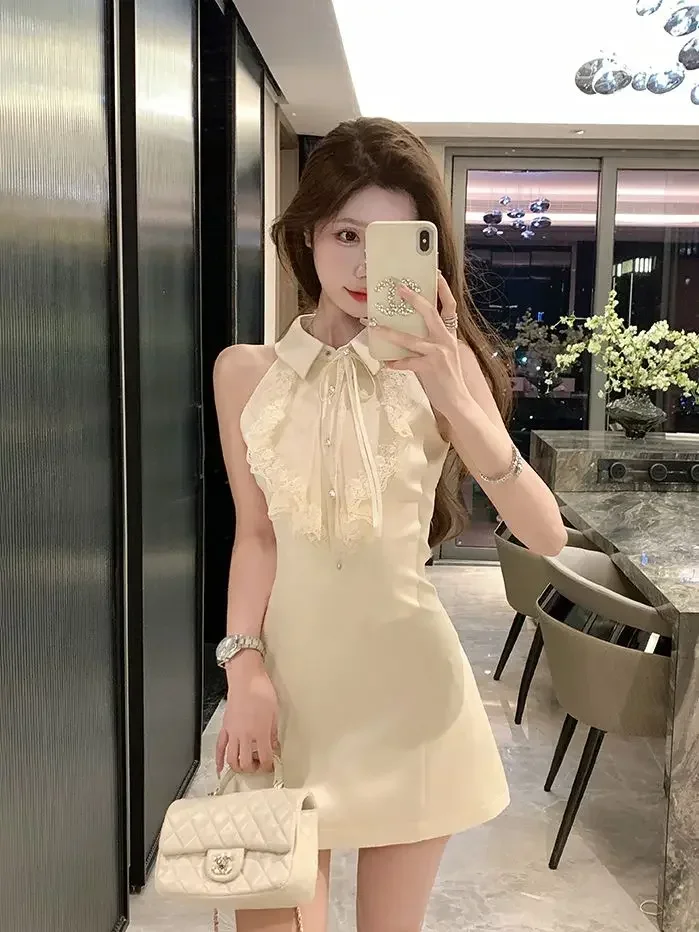 

2024 summer new women dress sexy mature lace splicing halter neck sleeveless high waist slim a line mini dresses vest dress