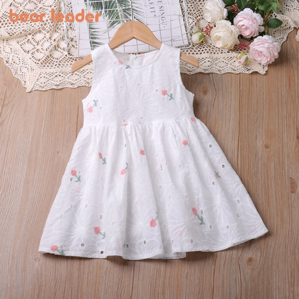 

Белые летние платья для девочек Bear Leader, корейская версия, детская одежда, платье без рукавов с круглым вырезом и цветочным принтом для детей 2-6 лет
