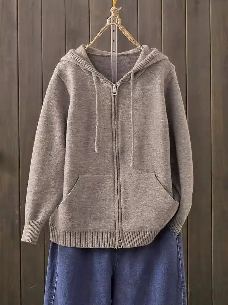 

Женская зимняя вязаная куртка-свитер 2025 года — пальто-кардиган с капюшоном | Свободная термозащитная верхняя одежда с двойной молнией | Вязаная уличная одежда G430