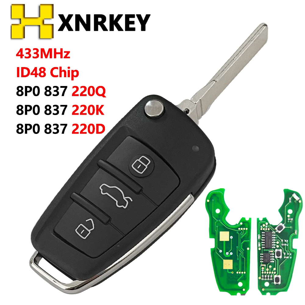 XNRKEY 3 Button Remote Car Flip Key ID48Chip 433Mhz for Audi A3 S3 A4 S4 TT 2005-2013 8P0837220D 8P0837220Q 8P0837220K