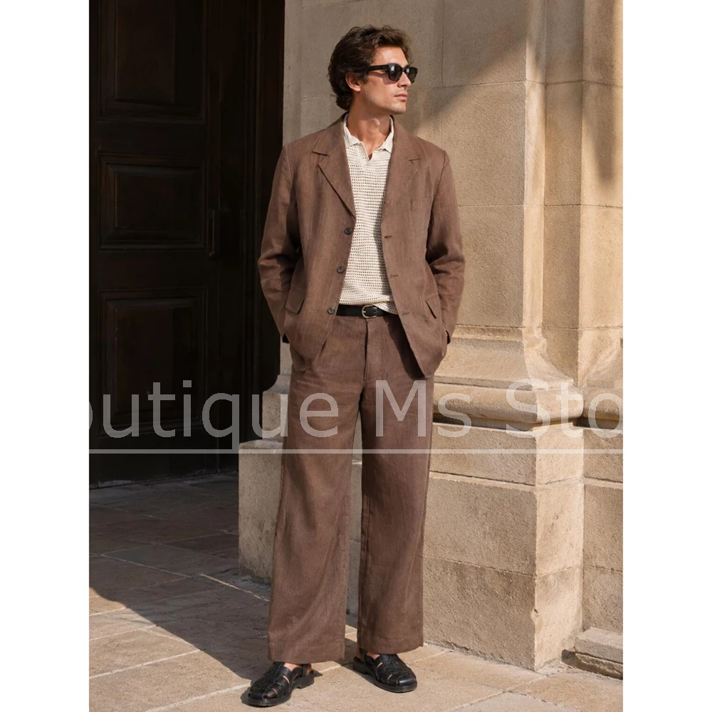 Chic Men Linen Suit 2 Piece Single Breasted Notch Lapel Loose Outfit Summer Casual Daily Streetwear Wedding Business Tuxedo