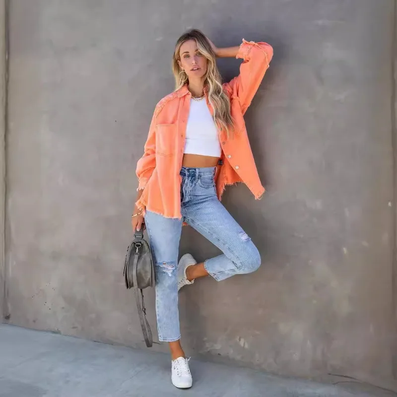 Women's Spring and Autumn Top Coat Denim Solid Color Raw Edge Simple Brand Loose Casual Design Fashion Niche Versatile Skinny