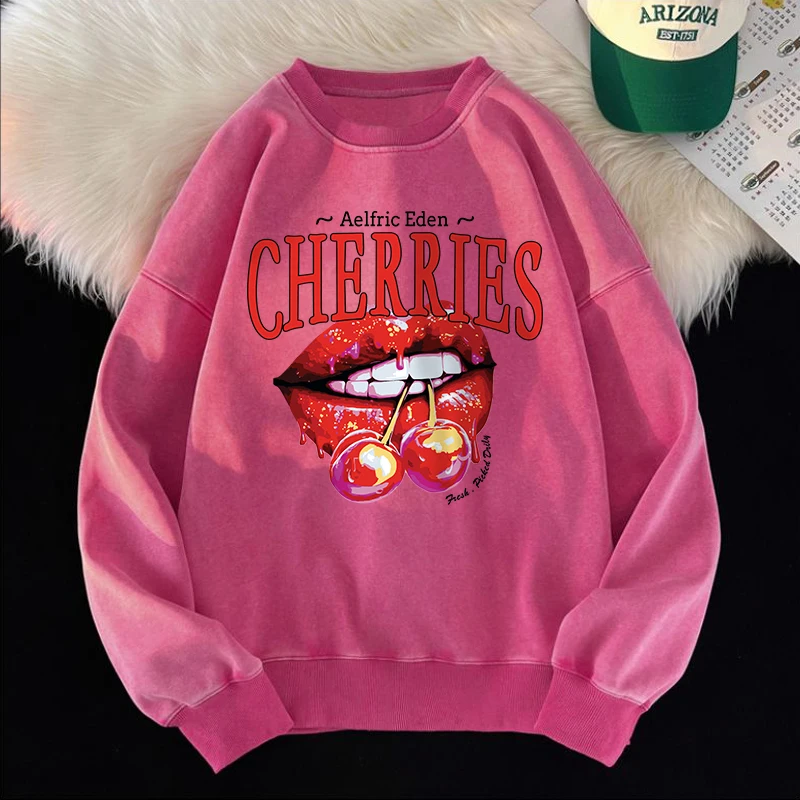 Cherries And Lips Washed Sweatshirt Womens Fresh Fruits Printing Clothes Oversize Crewneck Cotton Hoodies Winter Womans Tops