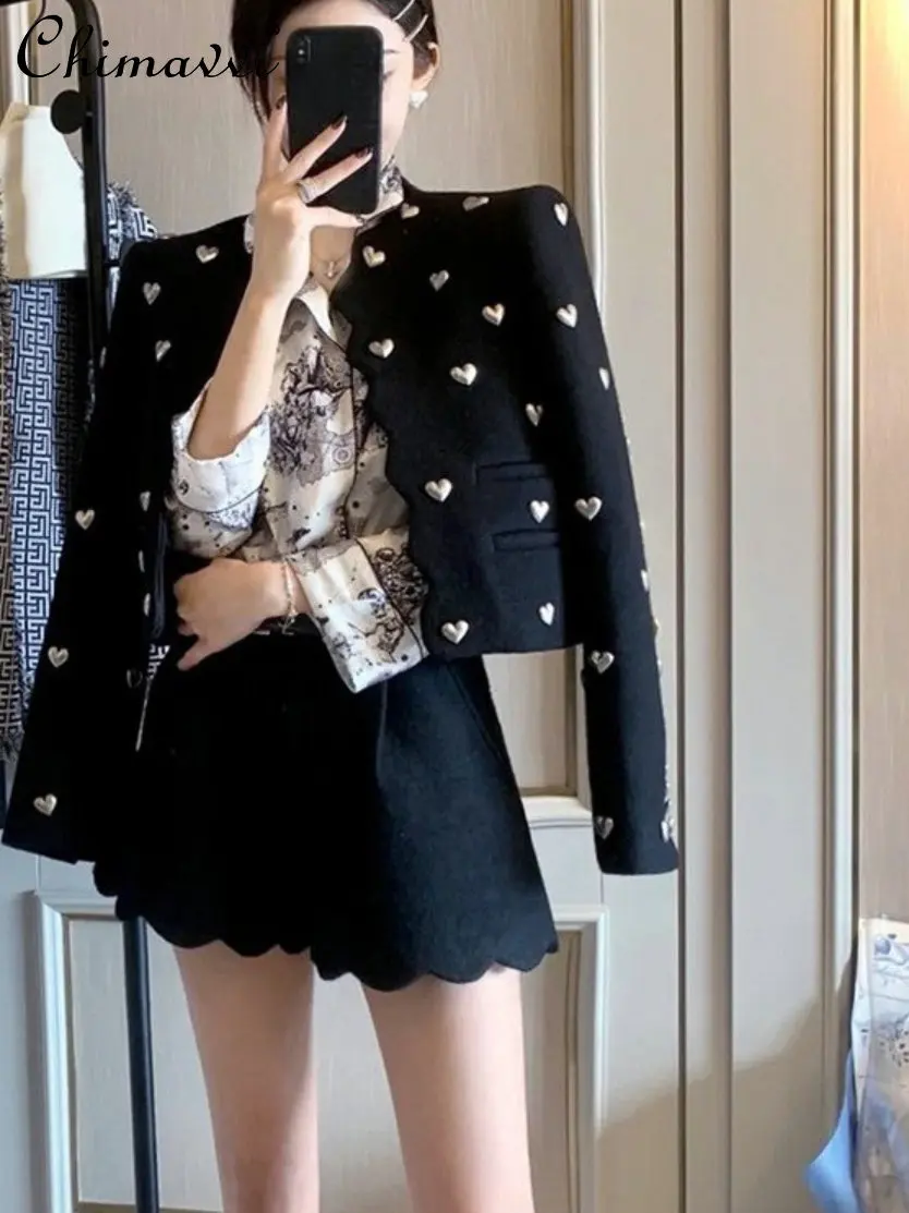 

Heavy Industry Love Wool Tweed Coat Women's Spring and Autumn New Petal Collar Long Sleeve Black Commuter Short Suit Cardigan