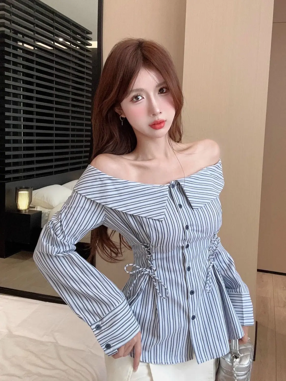 Shirts Women Slash Neck Lace-up Striped Long Sleeve Spring Summer Sun-proofed Korean Style Chic Personality Tender Stylish Ins