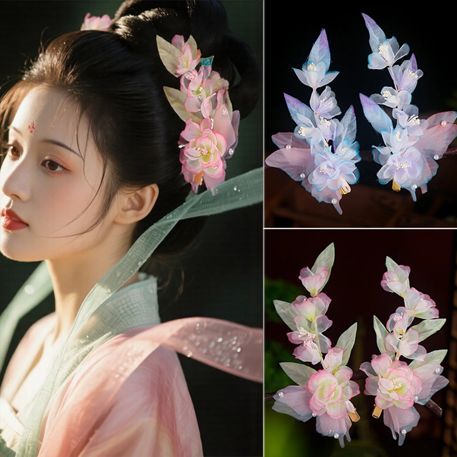 

2PCS Flower Barrette Wedding Hair Clips Gradient Flower Headpiece for Bridal Wedding Banquet Party Cheongsam Accessories