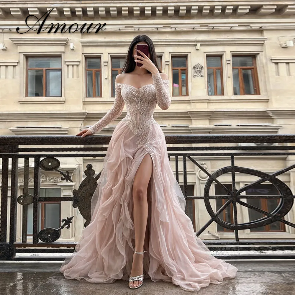 Вечернее платье Amour Champagne Pink Sparkly с бисером, длинными рукавами, высоким разрезом, для выпускного бала, с оборками на юбке, на заказ, 2026