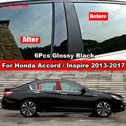 6x Window Door Column B C Pillars Post Cover Trim Black Carbon Fiber Mirror Effect PC Sticker For Honda Accord Inspire 2013-2017