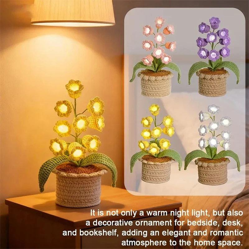 

Handmade Crocheted Lily Of The Valley Potted Lamp LED Light Wool Plant Milk Cotton Desktop Decor Perfect Gift For Home Office