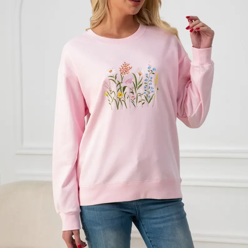 Sudadera bordada de gran tamaño con botánica de flores silvestres, sudadera con bordado floral, sudadera con cuello redondo de libélula