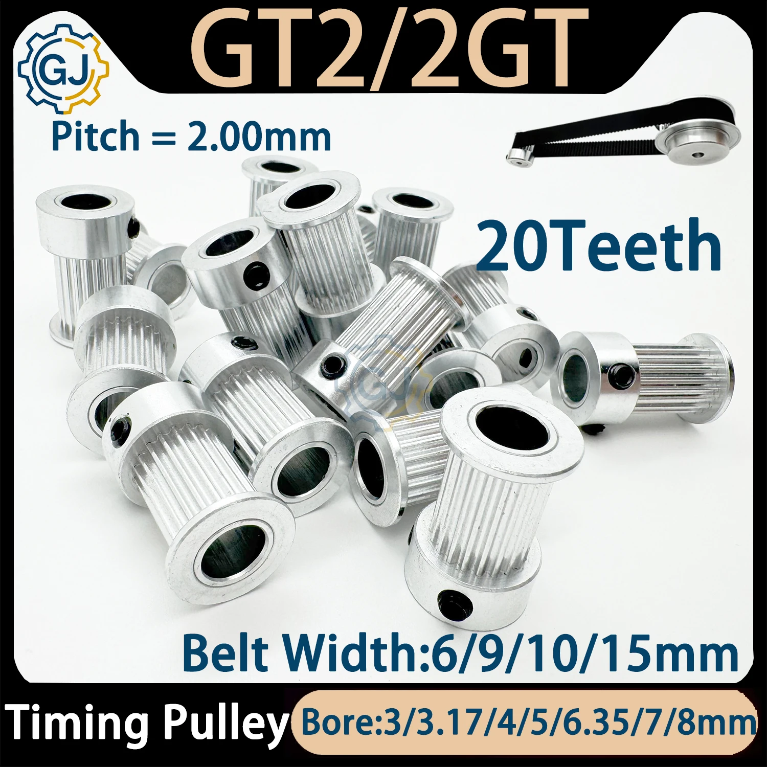 Poulie de distribution GT2 20 dents 20T 2GT, alésage 3, 3.17, 4, 5, 6, 6.35, 8 mm, largeur de courroie 6/9/10/15 mm, roues synchrones 2M 2MGT