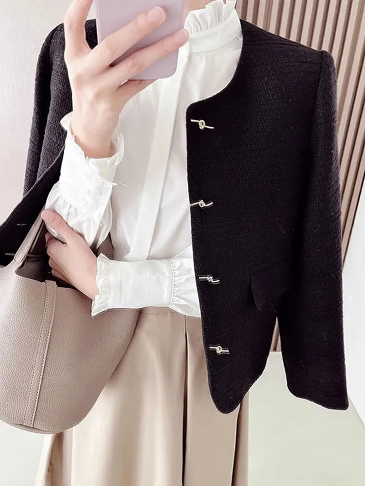 편안한 단색 초가을 디자인 나무 장식 캐주얼 롱 슬리브 여성 실크 탑 패셔너블한 접이식...