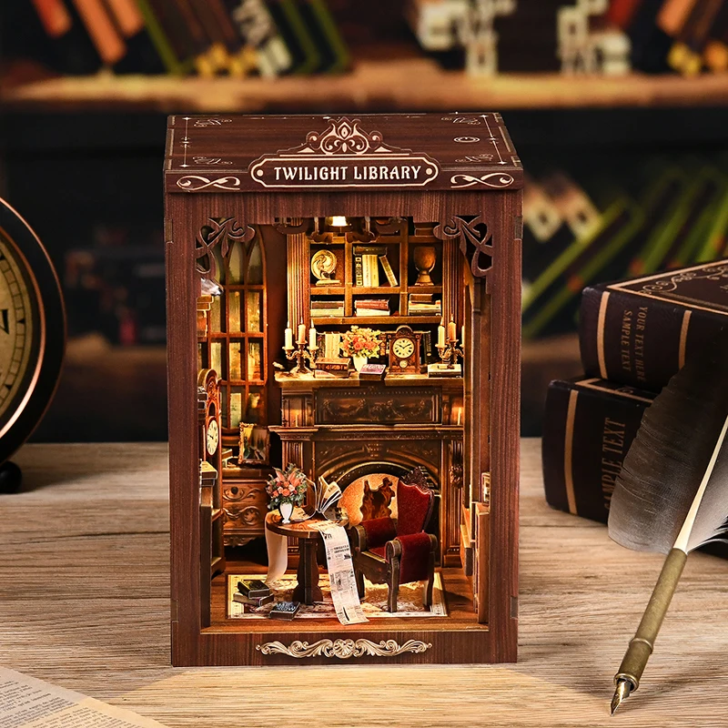 DIY Holz Buch Nook Regal Einsatz Kit Twilight Bibliothek Buchstütze mit Licht Miniatur Modell Kits Bücherregal für Freunde Geschenke