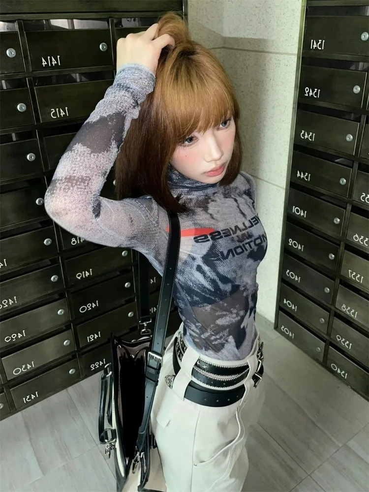 Amerikaanse Y2k Straat Lange Mouw Mesh T-shirts Zomer Coltrui Slim Fit Print Tee Shirt 2023 Nieuwe Dieptepunt Top Voor Vrouwen