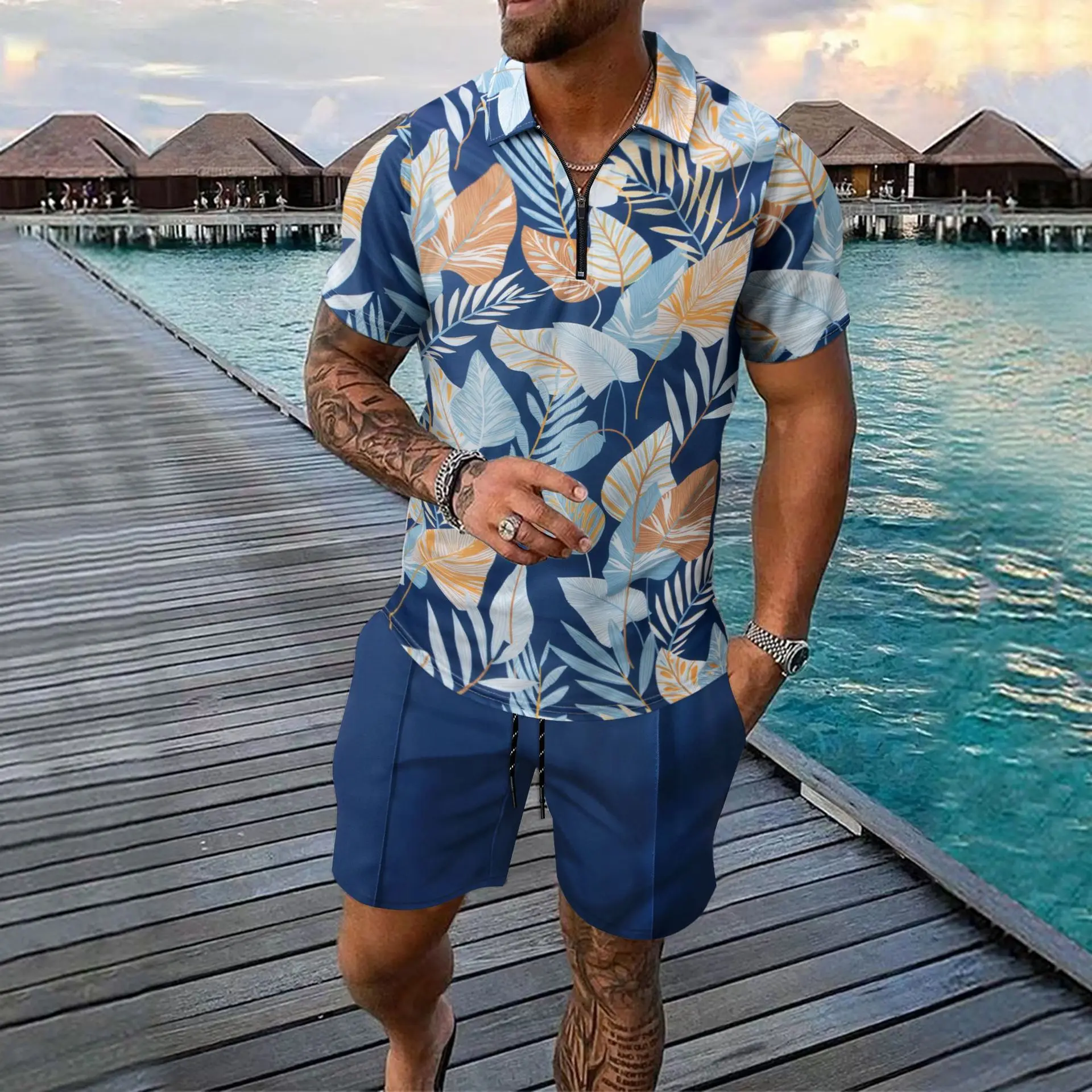 

Teen Boys' Summer Vacation Style Leaf Print Half-Zip Polo Shirt & Shorts 2-Piece Set