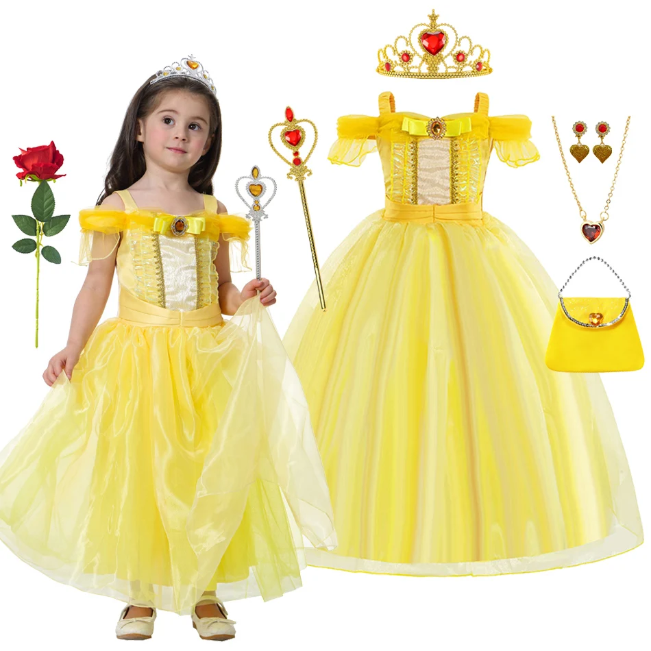 

Желтое платье принцессы Белль для девочек, многослойное пышное платье с корсетом на талии и золотыми стразами, идеальный подарок на Хэллоуин