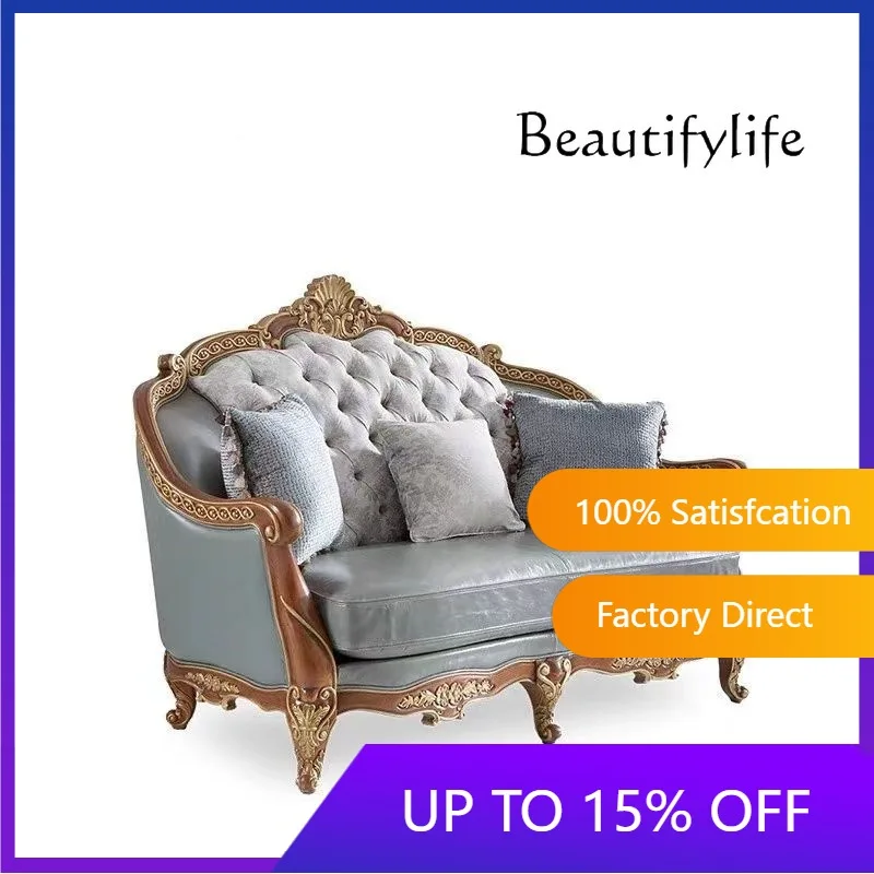 

Французский диван в европейском стиле, из массива дерева с резьбой, синий кожаный, дизайнерский, для дома и виллы, высококлассный X