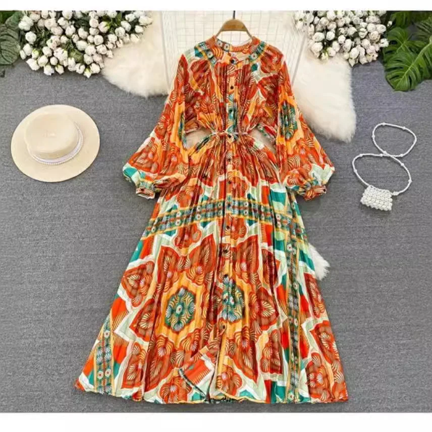 

Women Print Dresses Lantern Sleeve Single Breasted Long Dresses Cinch Waist A Line Splice Vestidos Elegant Ladies Summer