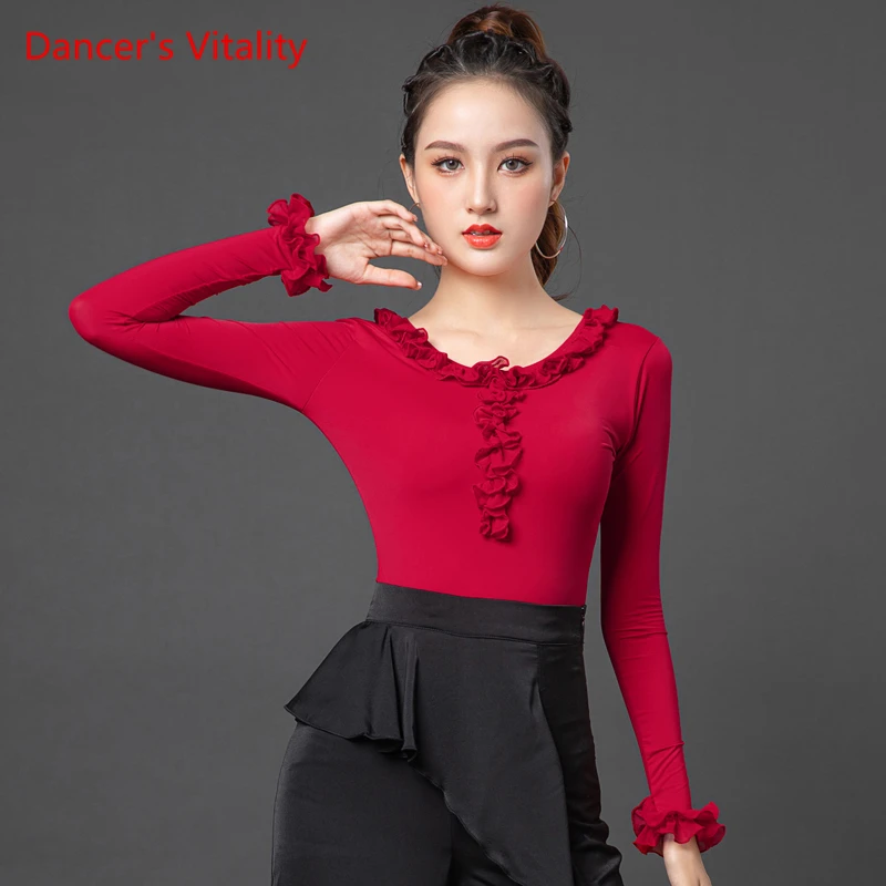 

Latin Dance Practice Clothes Female Adult Ice Silk Long-sleeve Top Waltz Ballroom Dance Stage Performance Training Clothing