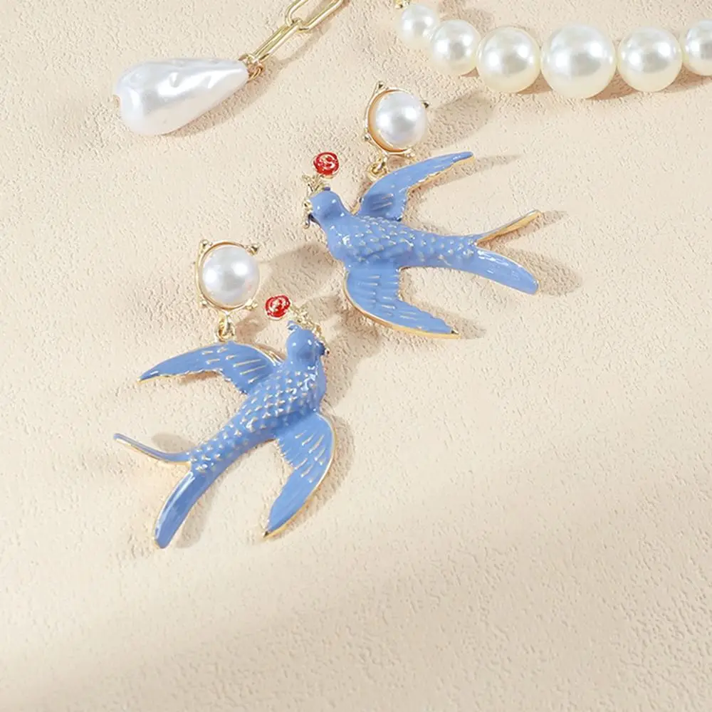 Fashion Bird Blue Enamel Swallow Necklace Animal Beads Geometric Earrings Vintage Charm Women's Jewelry Set Bride