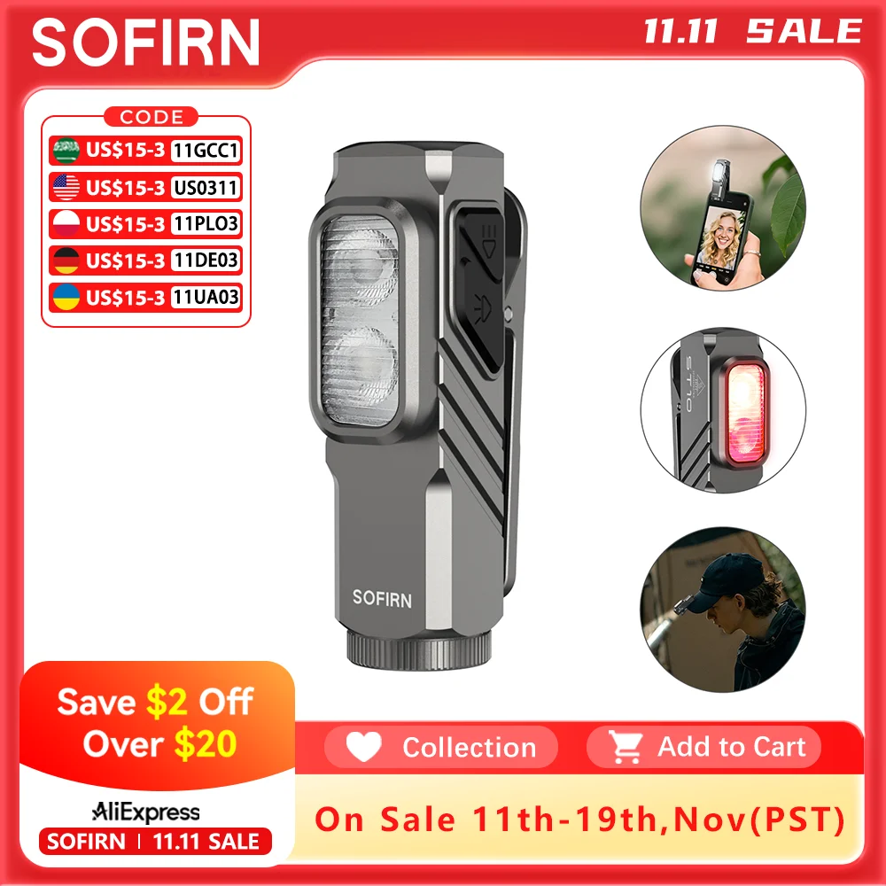 SOFIRN ST10 1000lm مصباح يدوي صغير بمشبك 144 متر 7000 كيلو مصباح ليد 14500 USB C مصباح أبيض وأحمر قابل لإعادة الشحن IPX6 مع غطاء خلفي مغناطيسي