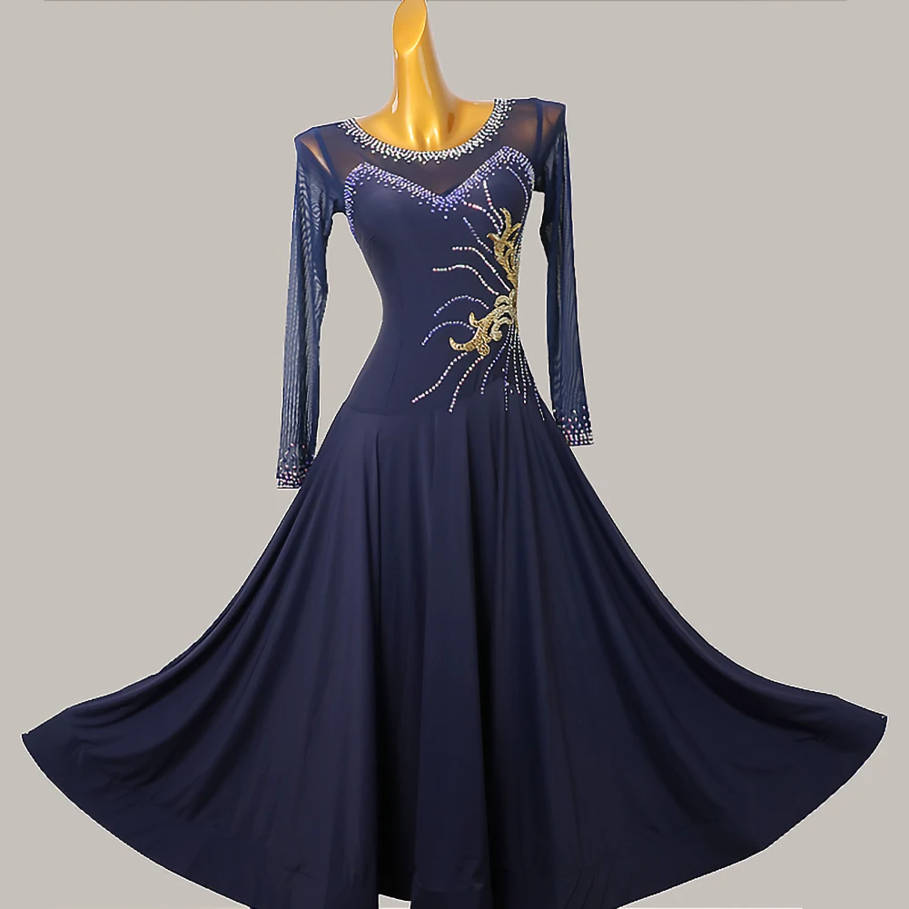 

Высококачественное стандартное танцевальное платье Темно-синее платье для соревнований с круглым вырезом и стразами Платье для вальса с длинными рукавами