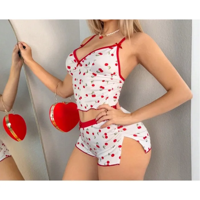 جرلي الكرز طباعة قطعة واحدة منامة للنساء مع الخصر رقيقة الخامس الرقبة الصدر أعلى نيسيي السروال القصير 2 قطعة مجموعة تي شيرتات قصيرة للأطفال صيف 2025