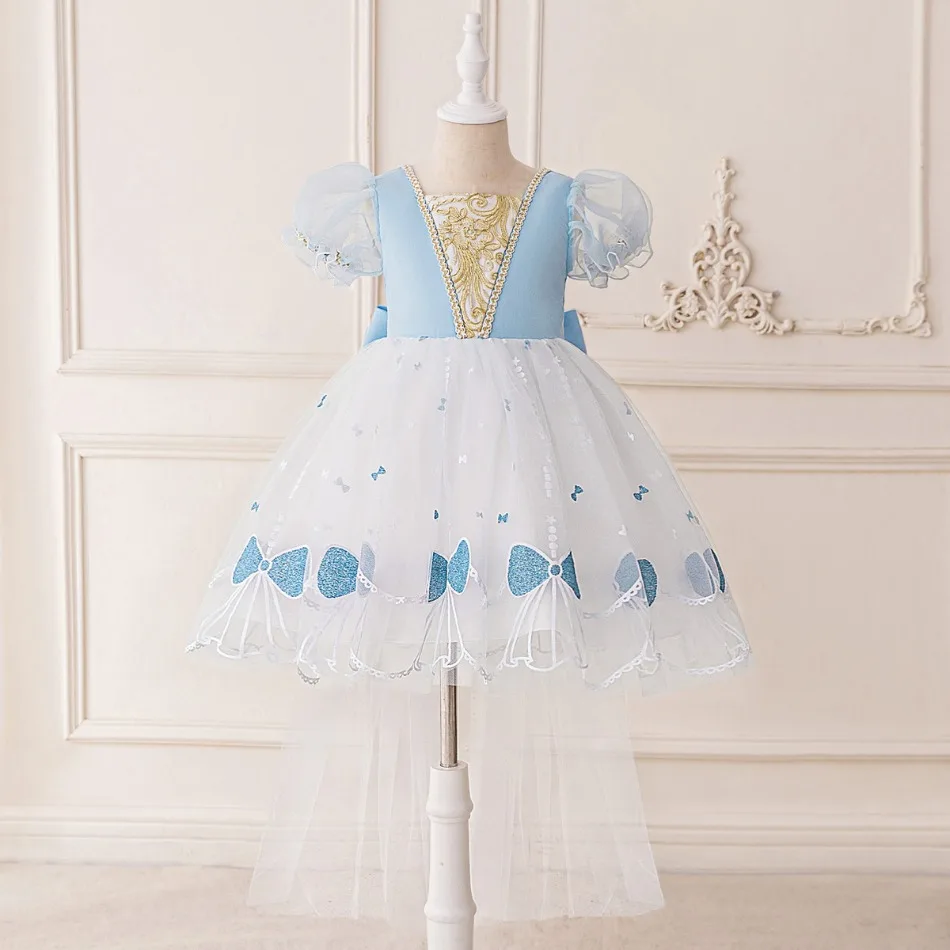 

Cinderella Sequins Bow Party Girls Dress Formal Wedding Bridesmaid Prom Dresses for Girl Bow Birthday Princess Kids Clothing