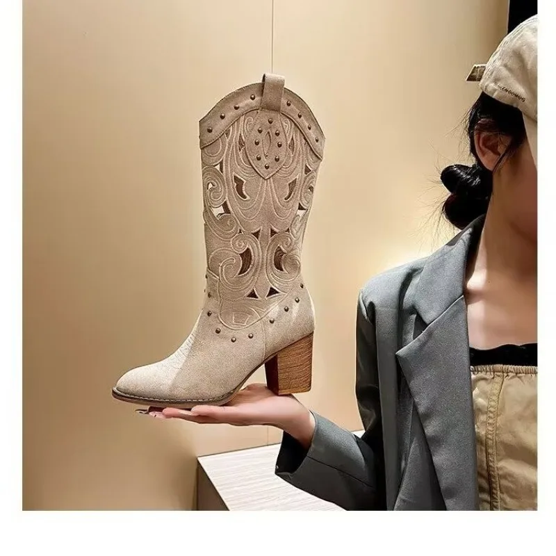 Hollow Embroidered Vintage Western Boots Women 2024 Autumn Chunky Heels Knee High Cowboy Boots Woman Pu Leather Knight Booties