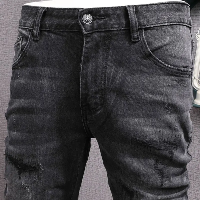 High Street Fashion Men Jeans Retro Black Gray Stretch Slim Fit Ripped Jeans Men Trousers Vintage Designer Denim Pants Hombre