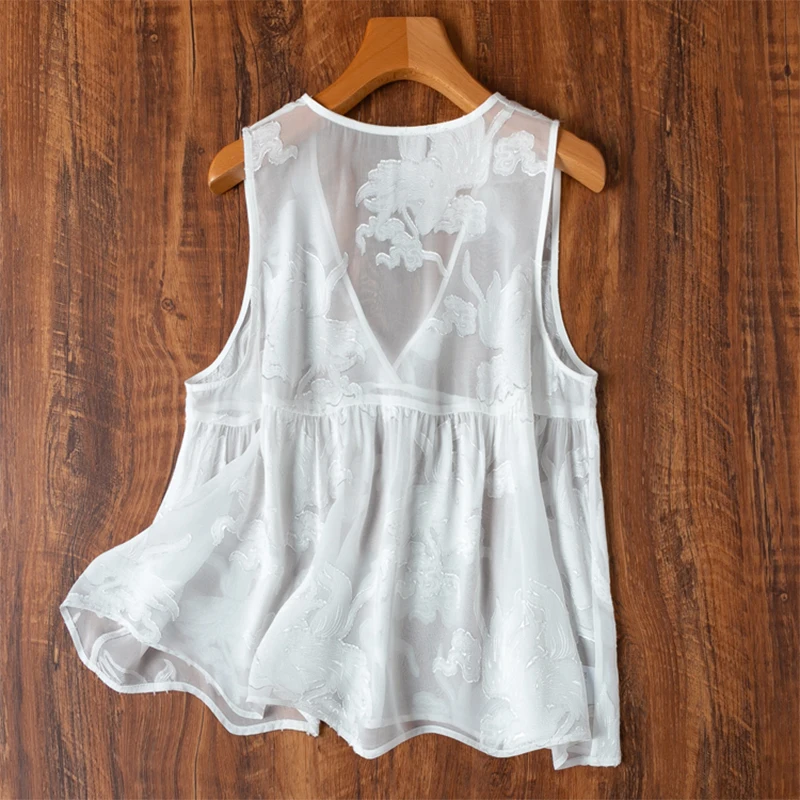 Women Silk Tank Top 100% Mulberry Silk Embroidery Loose Type Thin White V Neck Vest Sleeveless Top Summer Beach M1192