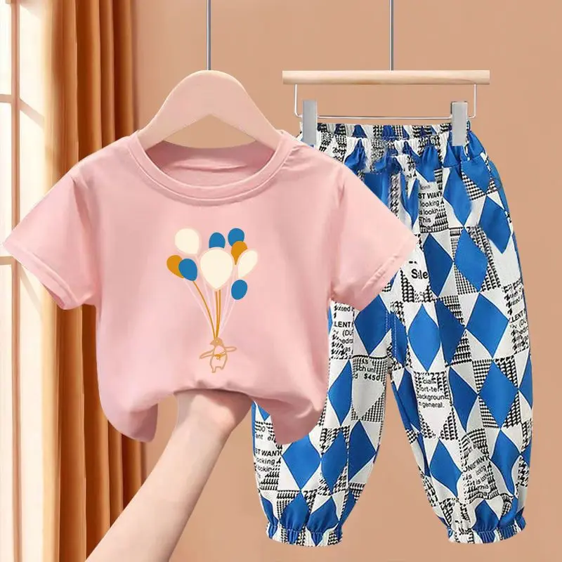 Children\'s Clothing Sets Balloon Print Short Sleeve Top + Diamond Print Trousers 2pcs  Kids Clothes Girls for 2 To 8 Years