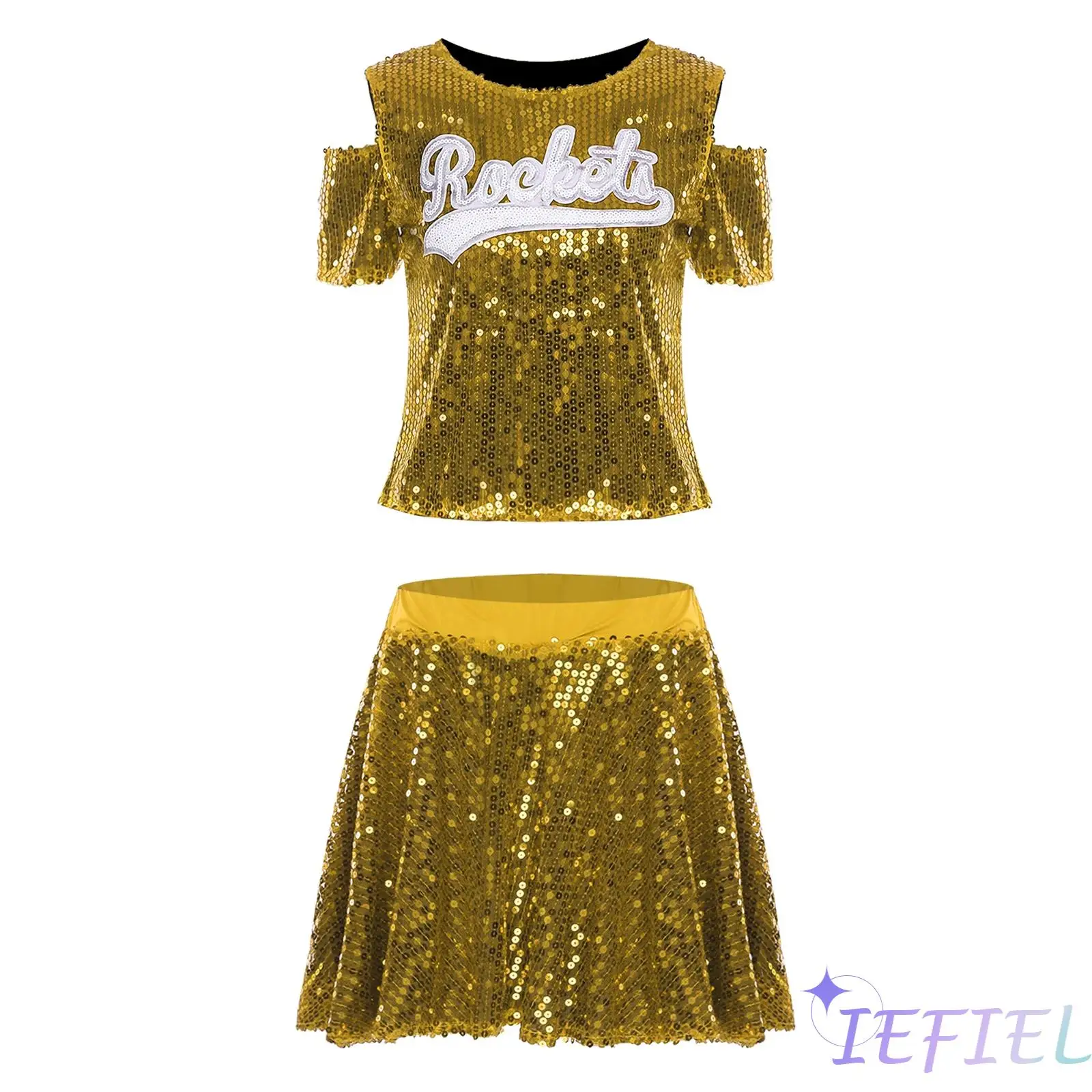 

Womens Jazz Dance Outfit Short Sleeve Cold Shoulder Letter Applique T-shirt And A-line Skirt for Cheerleading Dance Performance