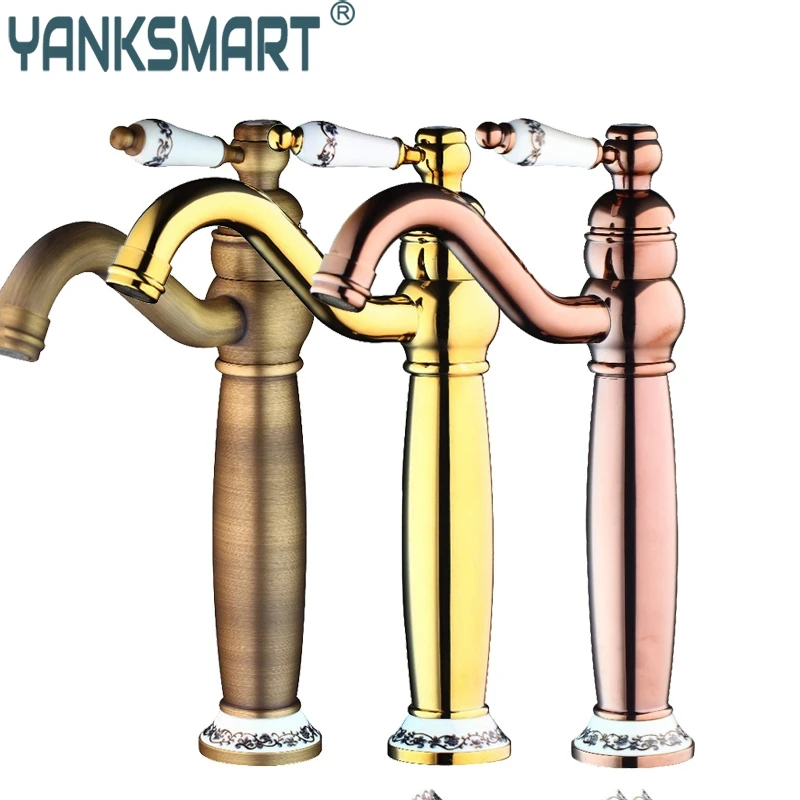 YANKSMART Retro Bathroom Faucet Rose Gold Polished Antique Brass Basin Sink Swivel Spout Deck Mounted Faucet Ceramic Mixer Tap