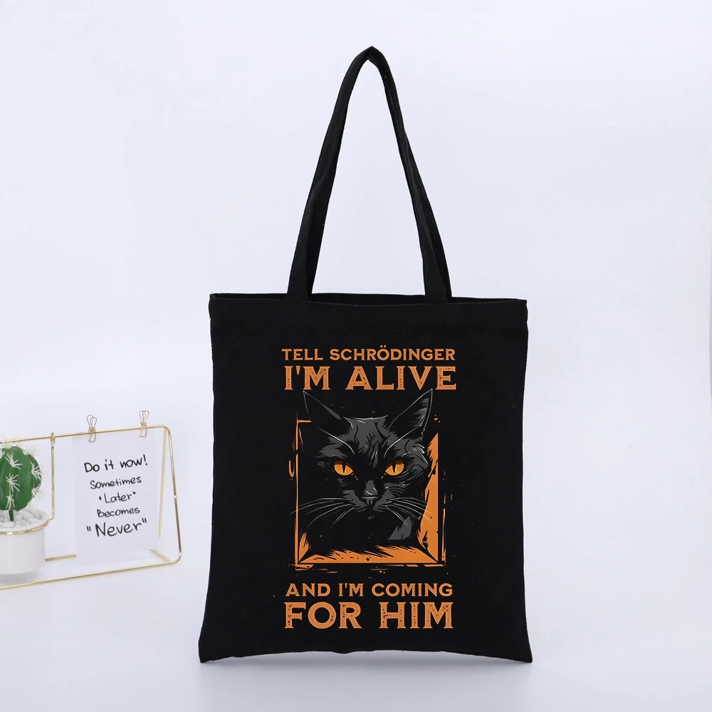 Black Canvas Tote Bag with Cat Graphic and Typography Print, Casual Style for Daily Shopping