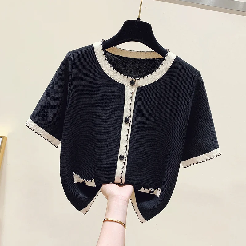 Summer Vintage Short Sleeve Sweater Cardigan Women Contrast Thin Knitted Cardigans Crop Tops Temperament Short Style Tees Coat