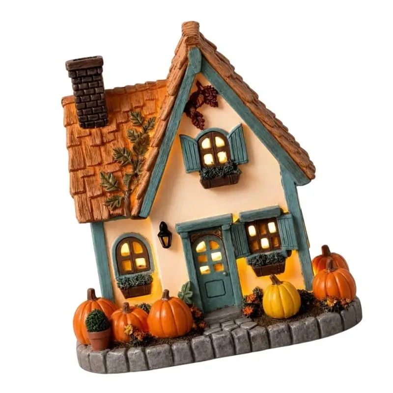 LED-Herbst-Kürbishaus-Dekoration, Harz-Tisch-Cottage-Statue mit warmem Licht, Ernte-Kaminsims-Akzent für Wohnzimmer und D2RD – Detail 10