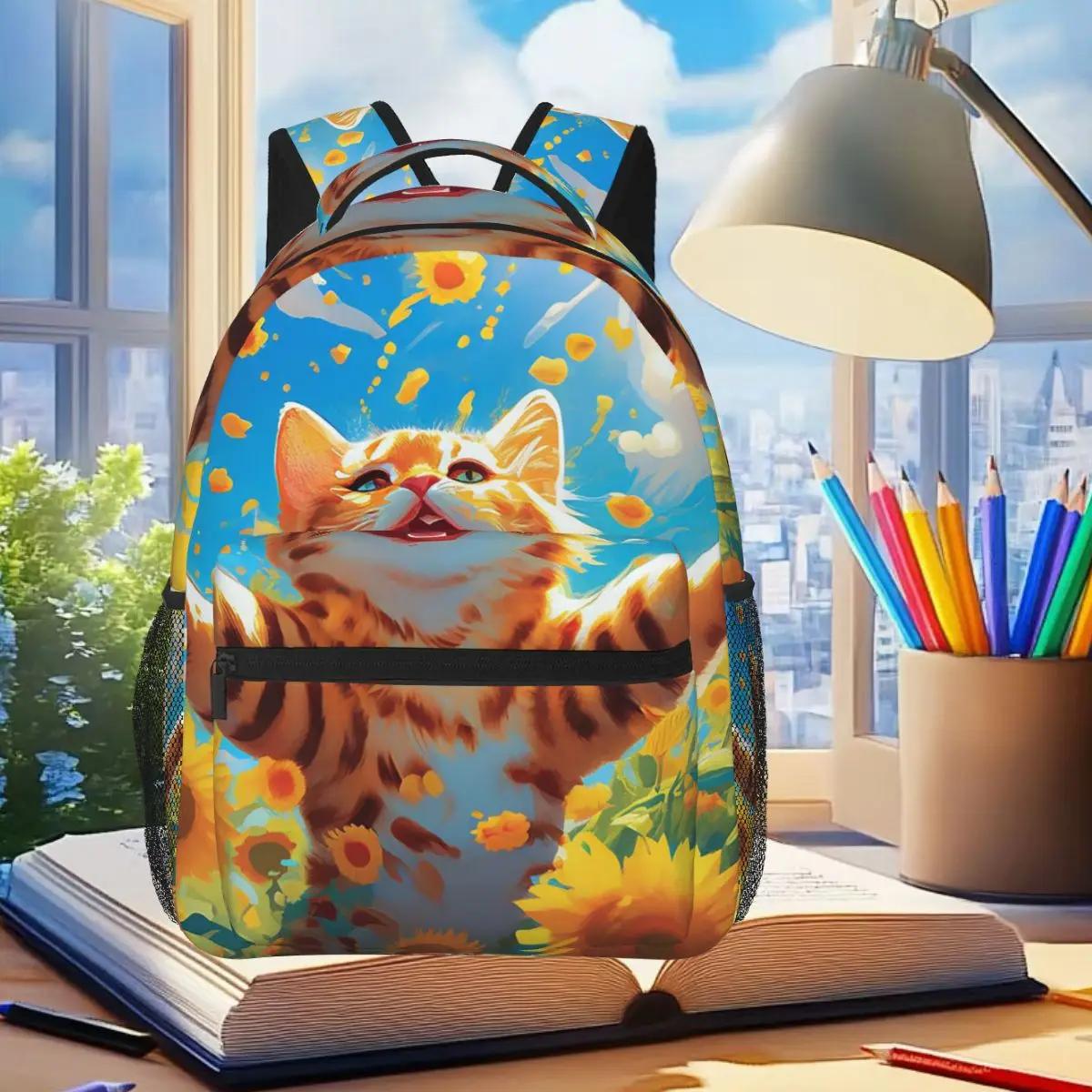 

Sunflowers Surround Cat Pattern Backpack Student Boys Girls BookBag Kids School Bag Laptop Shoulder Bags for Men Women