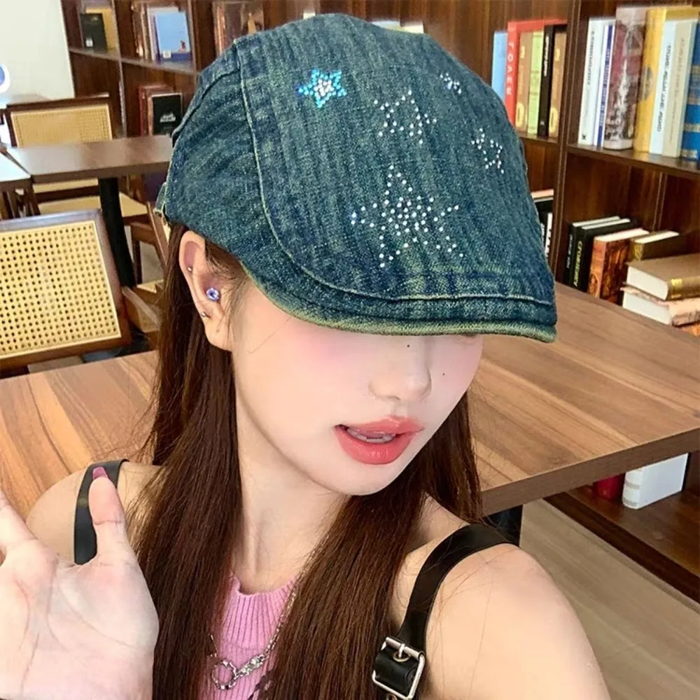 

Casual Vintage Star Cowboy Beret Y2k Embroidey Forward Hat Visor American Painter Hat Spring Summer