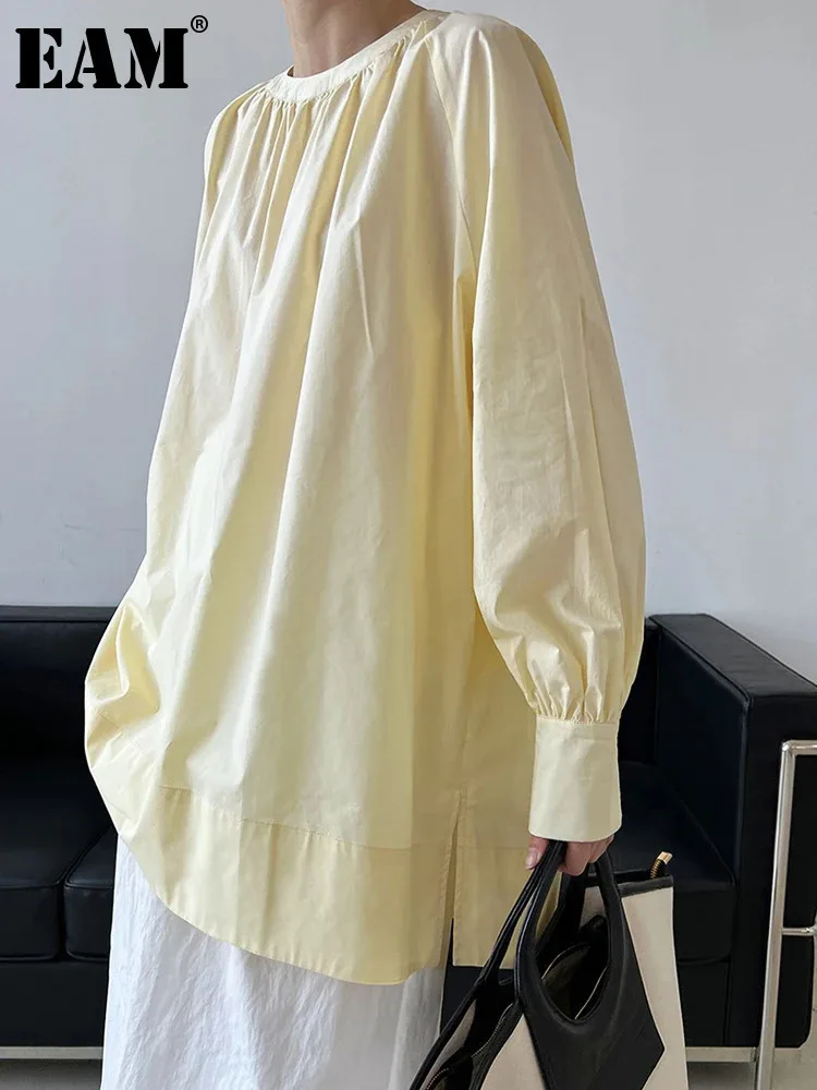 [EAM] Women Yellow Big Size Long Blouse New Round Neck Long Sleeve Loose Fit Shirt Fashion Tide Spring Autumn 2024 1DH0197