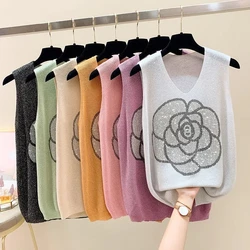 Hot Drilling Ice Silk Camisole for Women's Summer New Knitting Bright Silk Backing Loose Cami Casual Print  Vest Tops Female