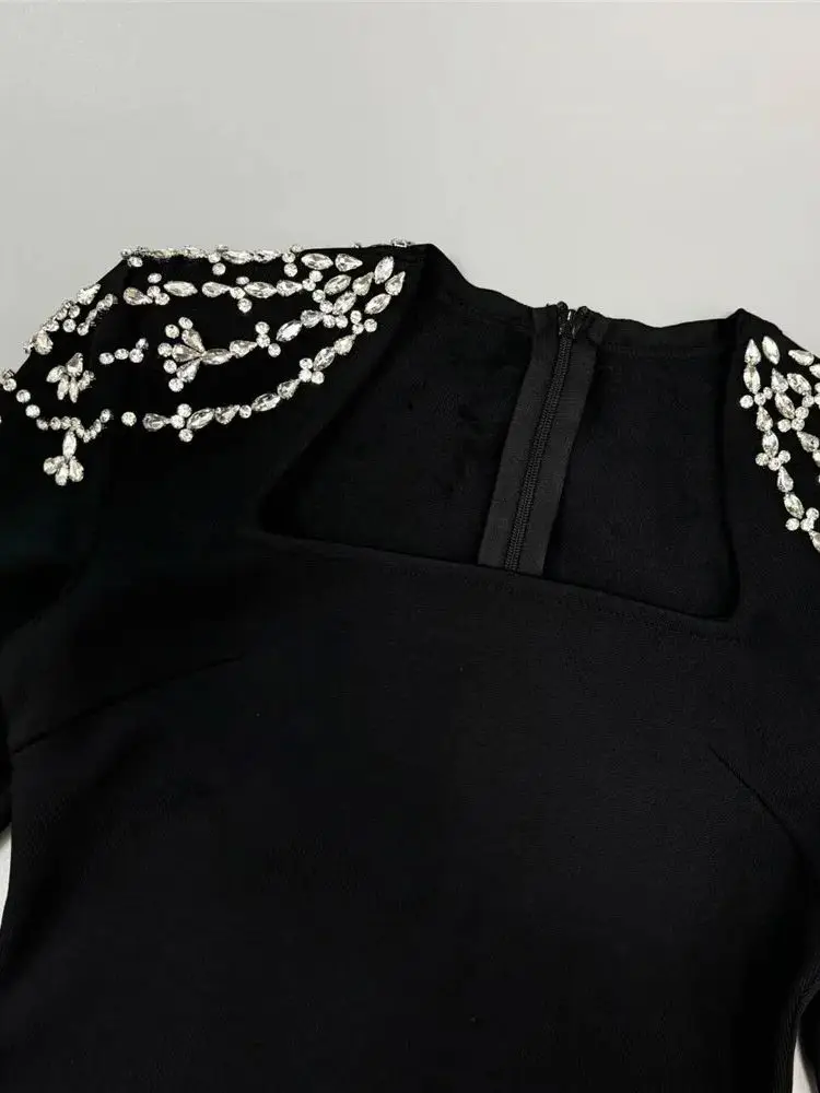 Autumn New Luxury Birthday Dresses Diamond Tight Long Sleeve Square Neck Long Bandage Dress Women's Wedding Evening Formal Gowns