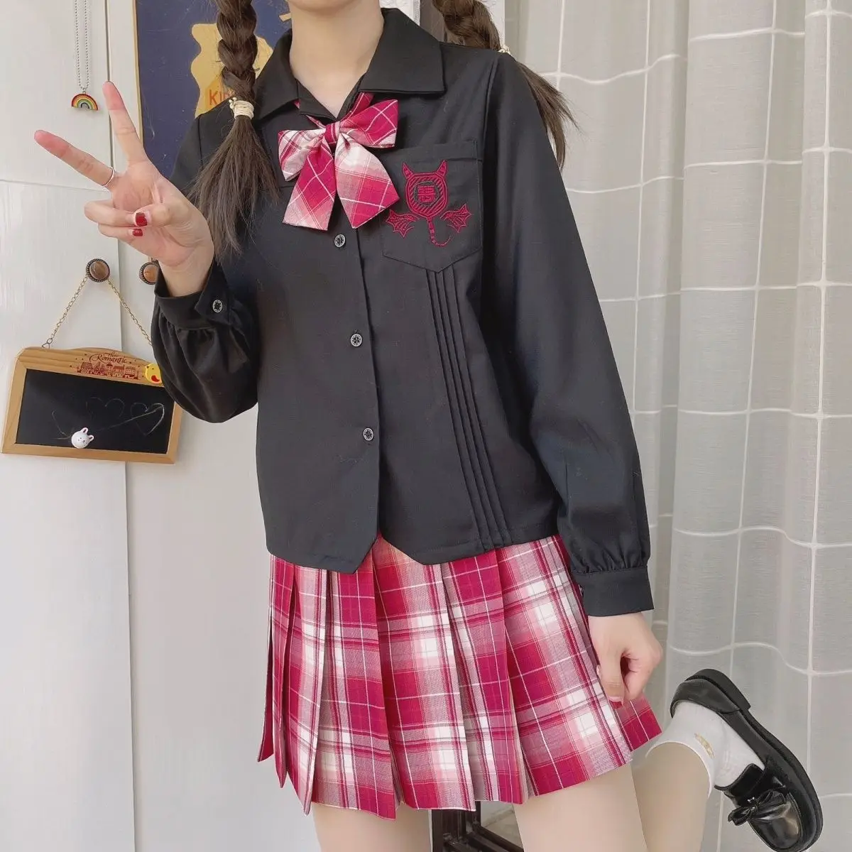 

Japan Original JK Embroidery College Style Autumn Long-Sleeved Thick Shirt + Bow Tie