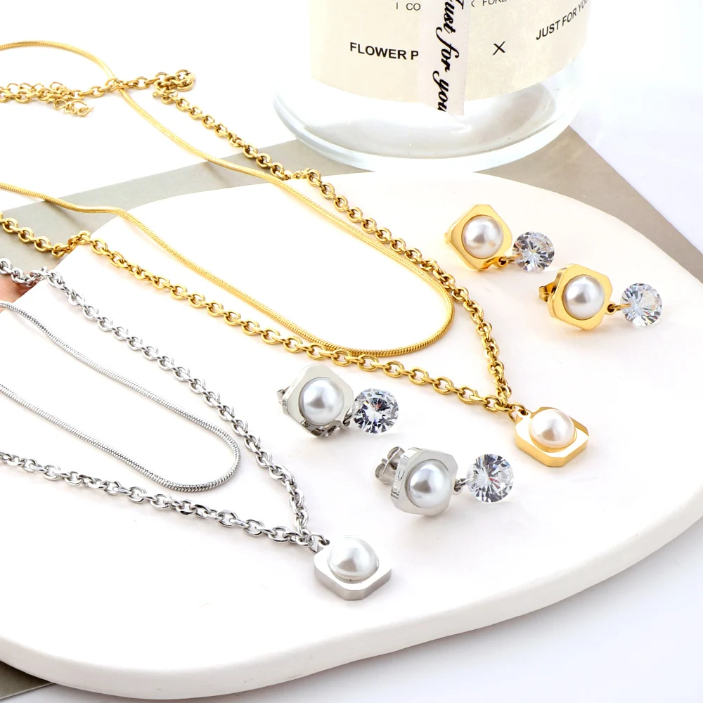 LUXUKISSKIDS Tiny Elegant Jewelry Sets Double Layer Snake Chain Necklaces Vintage Imitation Pearl Collier Zirconia Drop Earrings