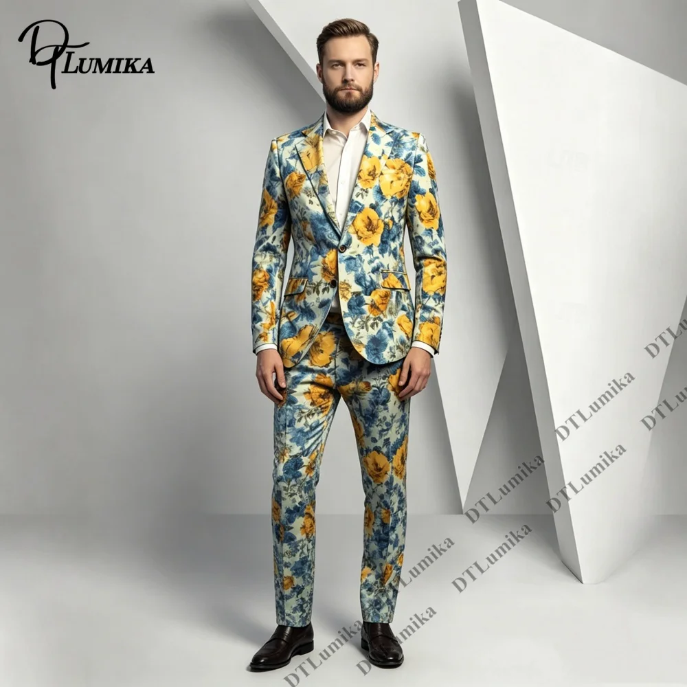 Full Print Men 2 Piece Suit Blazer Matching Straight Trousers Set For Outdoor Photoshoot Stage Performance Prom Wedding Suits